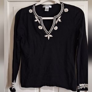 Coldwater Creek Black Top with White Embroidery
